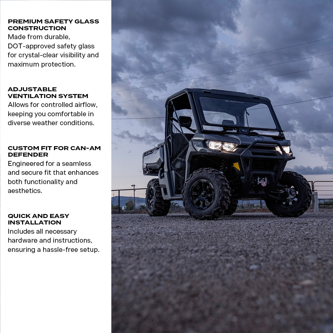 Photo of Can-Am Defender Front Windshield by Super Comp USA - Premium Glass Front Windshield for UTVs / Side by Sides