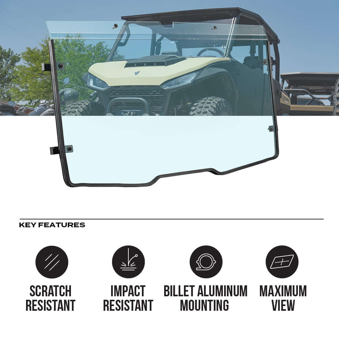Segway UT10 polycarbonate front windshield showcasing scratch and impact resistance features with maximum visibility.