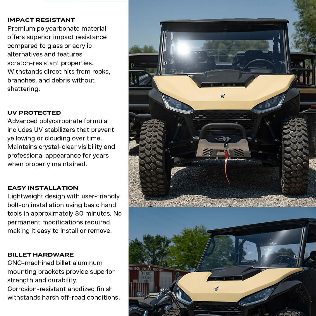 Segway UT10 full polycarbonate front windshield showcasing impact resistance and UV protection features.