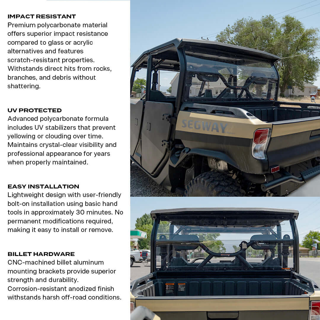 Close-up of Segway UT10 full polycarbonate rear windshield showcasing impact resistance, UV protection, easy installation, and billet hardware.