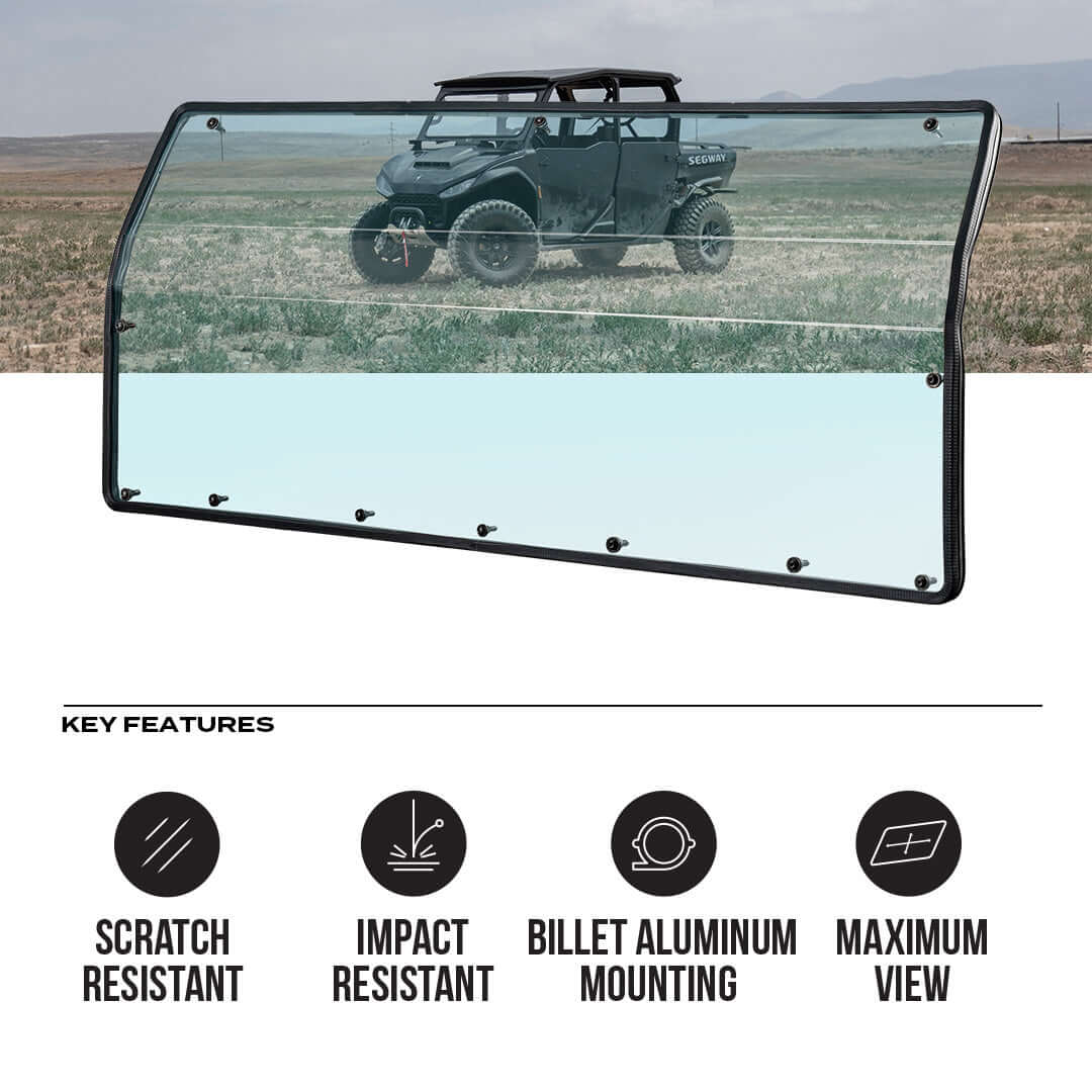 Full polycarbonate rear windshield for Segway UT10 Crew with features like scratch resistance and maximum visibility.